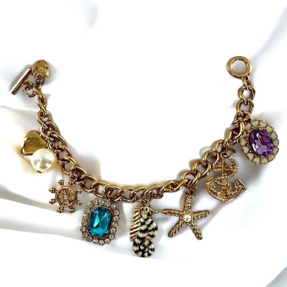 Vintage Betsey Johnson Gold Nautical Charm Bracelet Seahorse Starfish